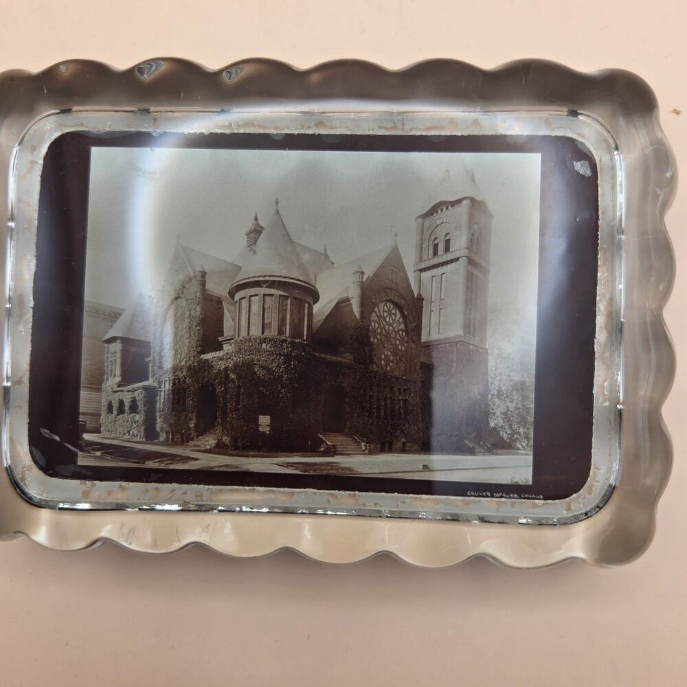 Antique Cruver Mfg Co Chicago Real Photo Glass Paperweight - Ivy Covered Church